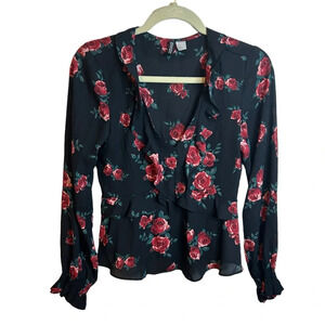H&M DIVIDED FLORAL RUFFLE SHEER BLOUSE